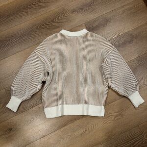 Aerie Cream and Brown Striped Crew Neck Sweater